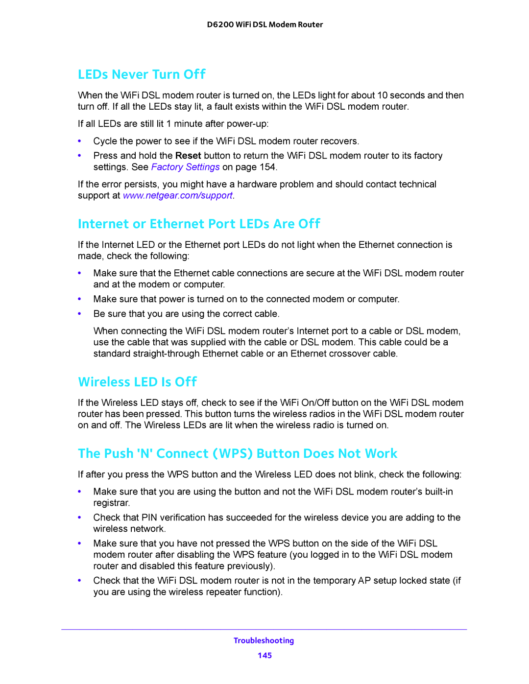 NETGEAR 202-11171-04 user manual LEDs Never Turn Off, Internet or Ethernet Port LEDs Are Off, Wireless LED Is Off 