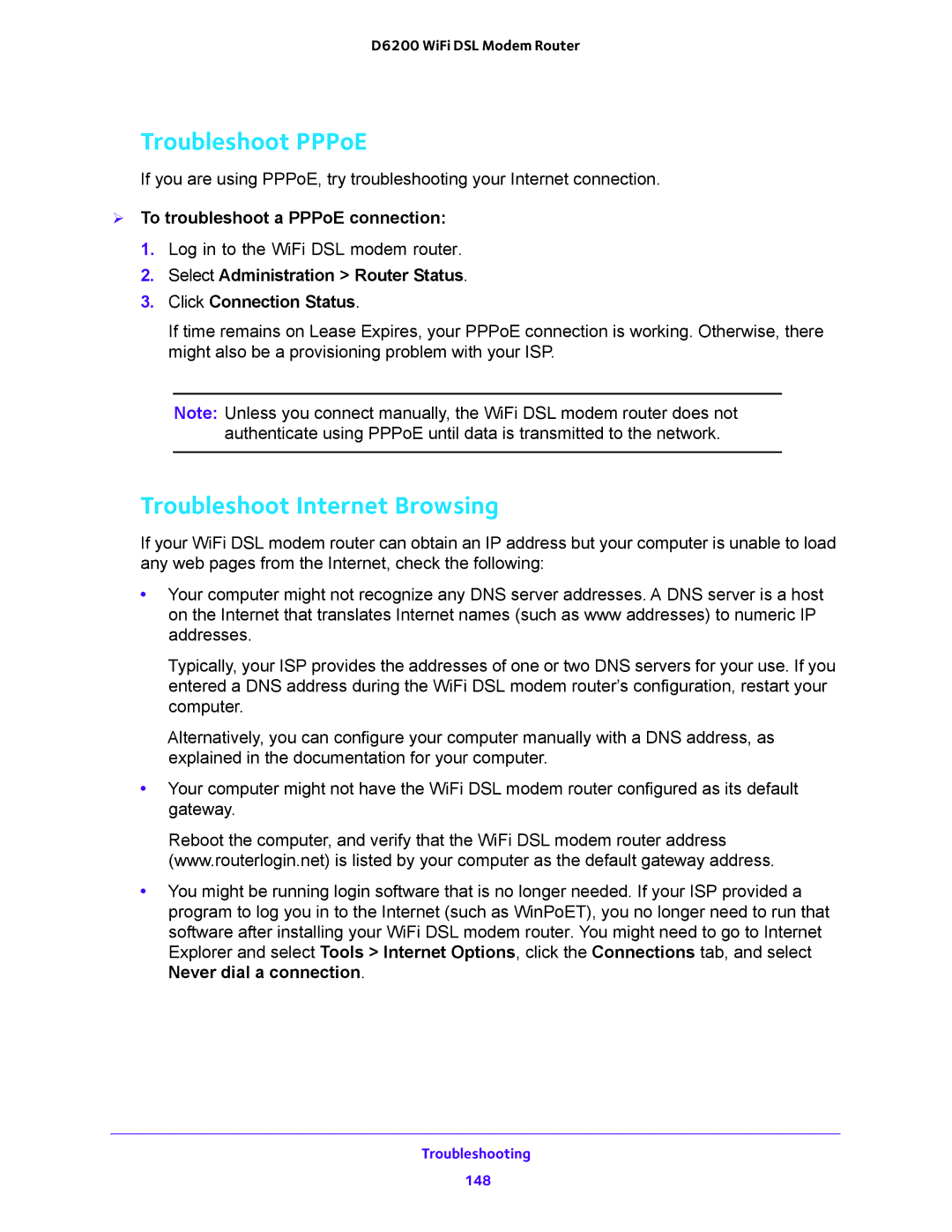 NETGEAR 202-11171-04 user manual Troubleshoot PPPoE, Troubleshoot Internet Browsing,  To troubleshoot a PPPoE connection 