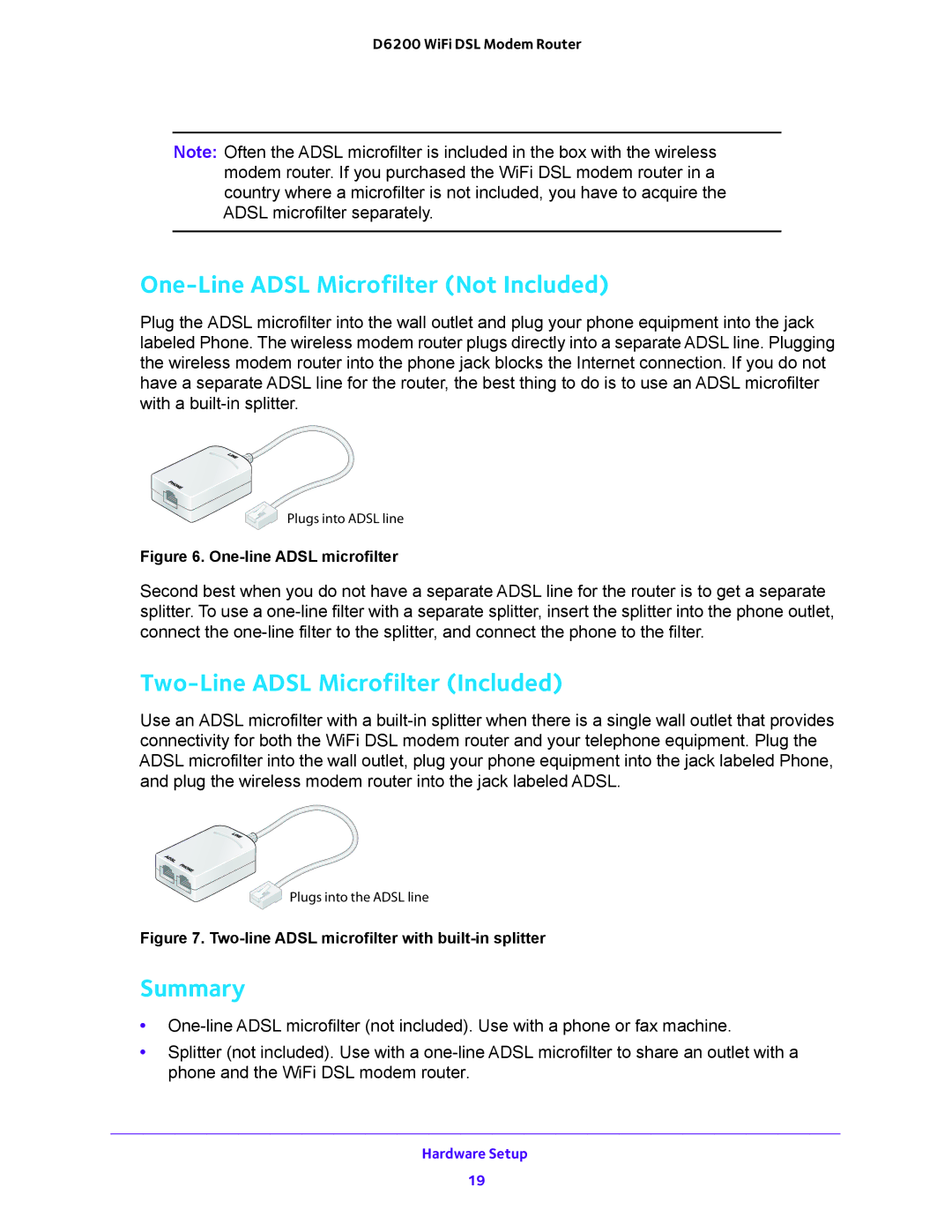 NETGEAR 202-11171-04 user manual One-Line Adsl Microfilter Not Included, Two-Line Adsl Microfilter Included, Summary 