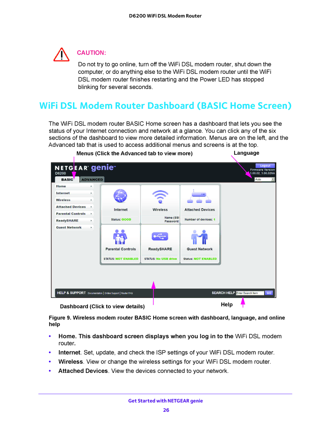 NETGEAR 202-11171-04 user manual WiFi DSL Modem Router Dashboard Basic Home Screen 