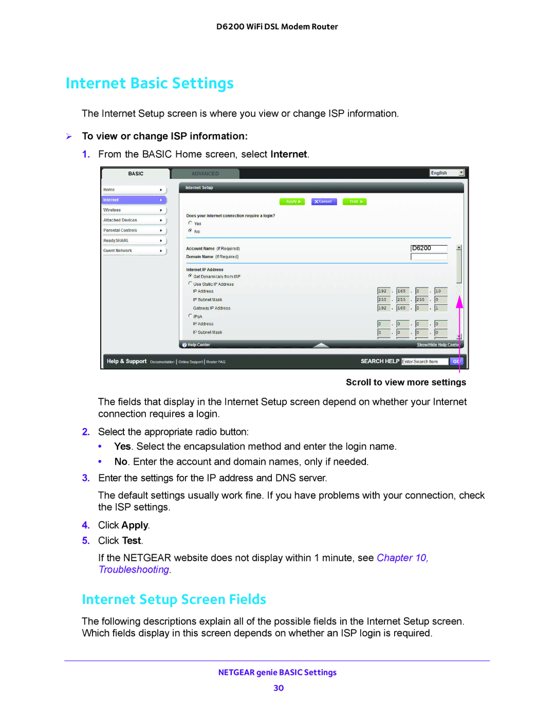 NETGEAR 202-11171-04 user manual Internet Basic Settings, Internet Setup Screen Fields,  To view or change ISP information 