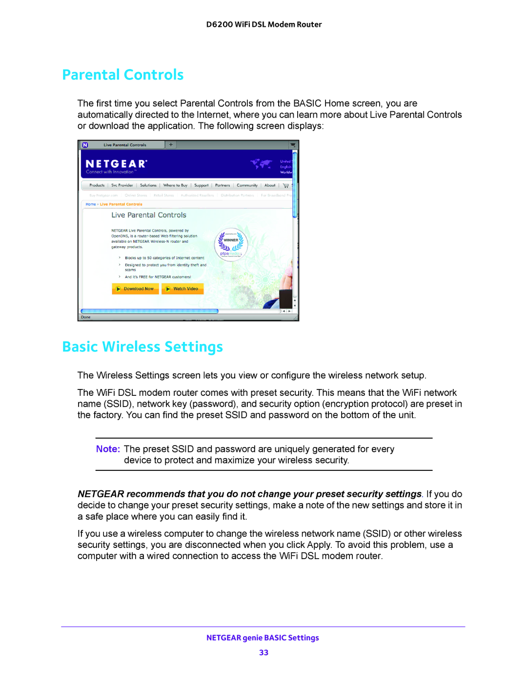 NETGEAR 202-11171-04 user manual Parental Controls, Basic Wireless Settings 