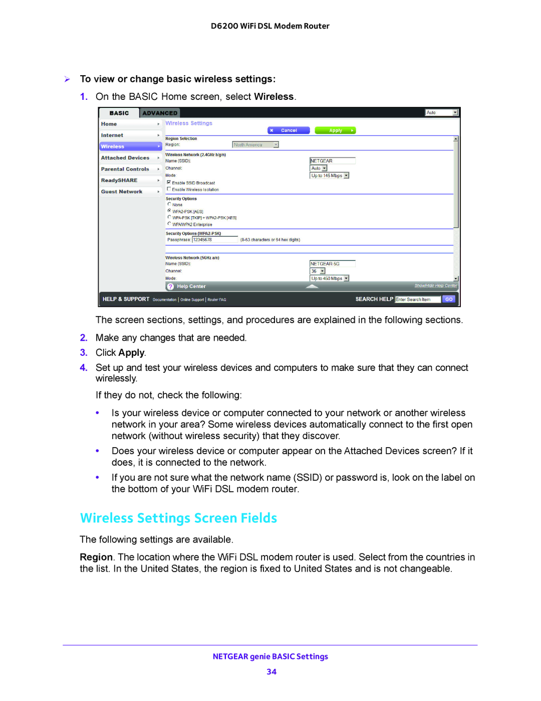 NETGEAR 202-11171-04 user manual Wireless Settings Screen Fields,  To view or change basic wireless settings 