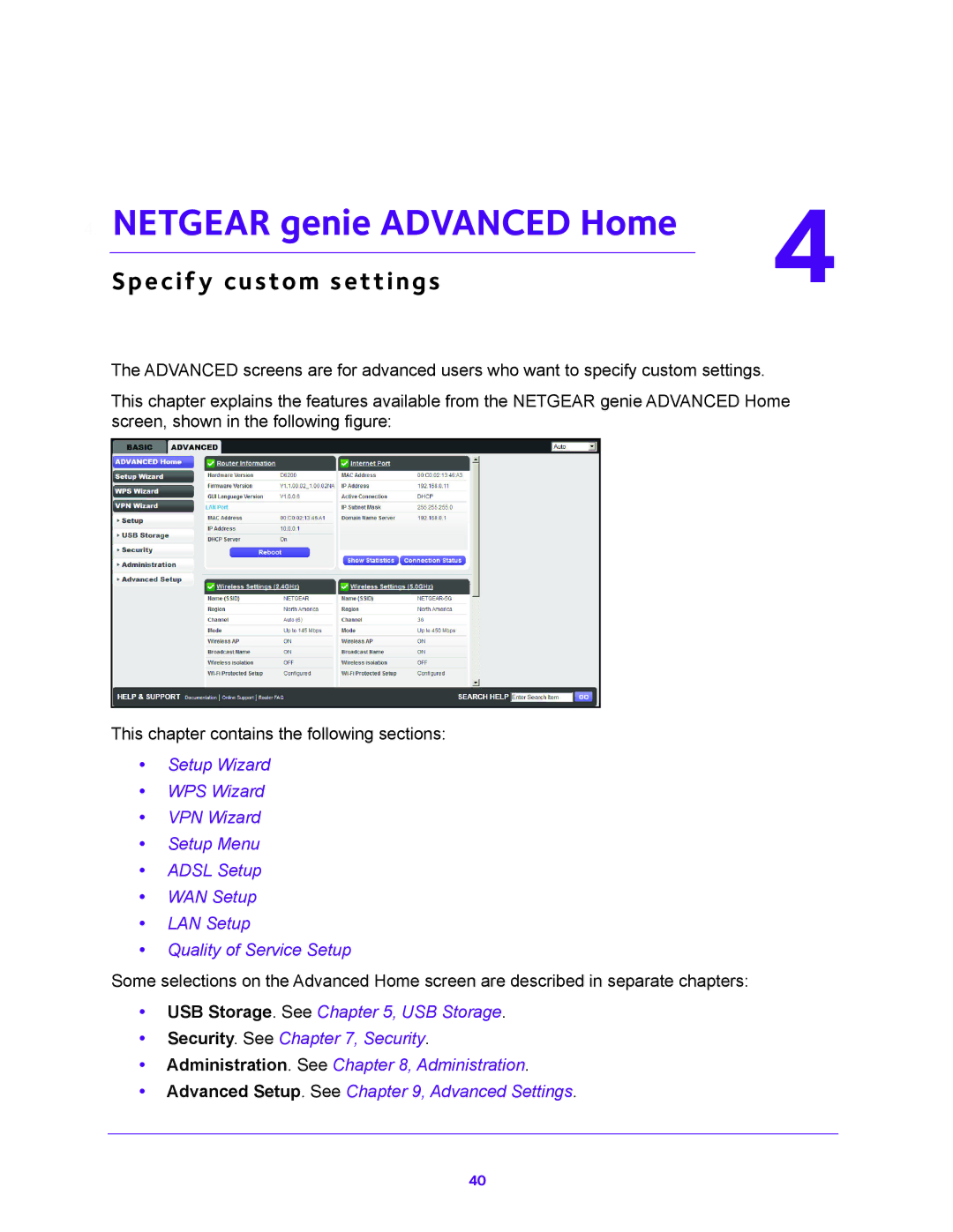 NETGEAR 202-11171-04 user manual Netgear genie Advanced Home, Specify custom settings 