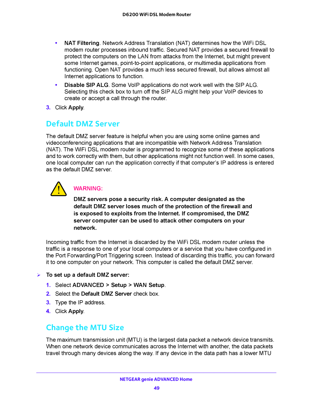 NETGEAR 202-11171-04 user manual Default DMZ Server, Change the MTU Size 