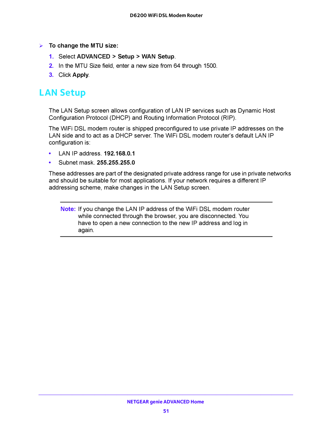 NETGEAR 202-11171-04 user manual LAN Setup,  To change the MTU size Select Advanced Setup WAN Setup 