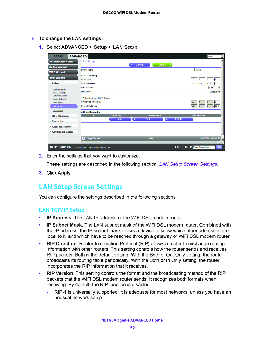 NETGEAR 202-11171-04 user manual LAN Setup Screen Settings,  To change the LAN settings Select Advanced Setup LAN Setup 