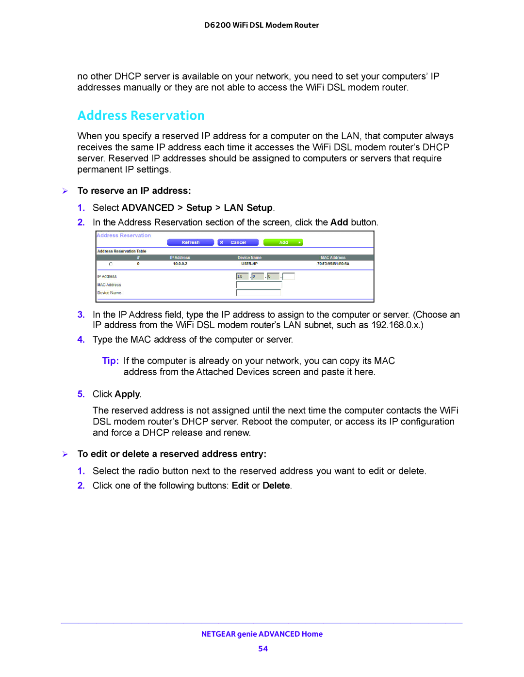 NETGEAR 202-11171-04 user manual Address Reservation,  To reserve an IP address Select Advanced Setup LAN Setup 