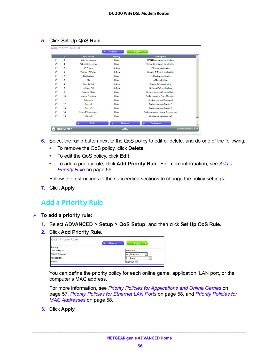 NETGEAR 202-11171-04 user manual Add a Priority Rule, Click Set Up QoS Rule 