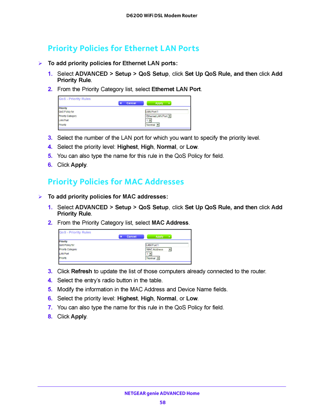 NETGEAR 202-11171-04 user manual Priority Policies for Ethernet LAN Ports, Priority Policies for MAC Addresses 