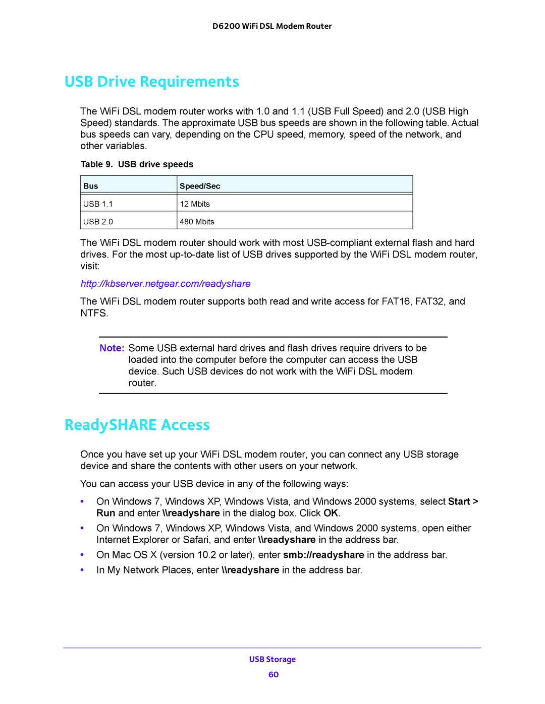 NETGEAR 202-11171-04 user manual USB Drive Requirements, ReadySHARE Access 