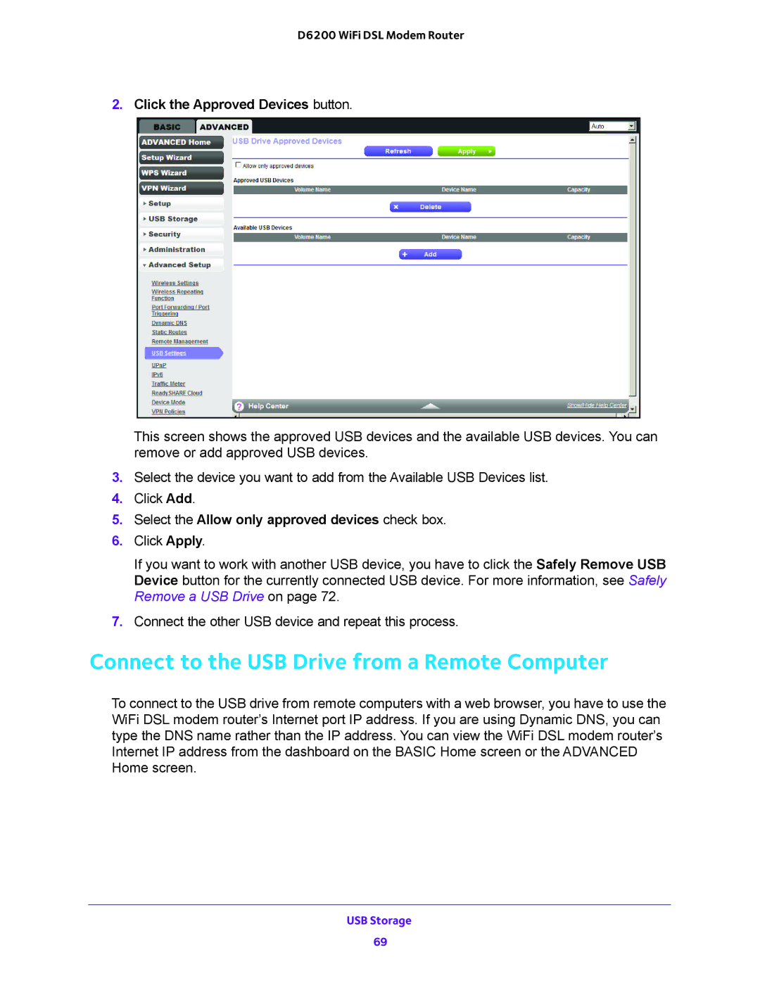 NETGEAR 202-11171-04 user manual Connect to the USB Drive from a Remote Computer, Click the Approved Devices button 