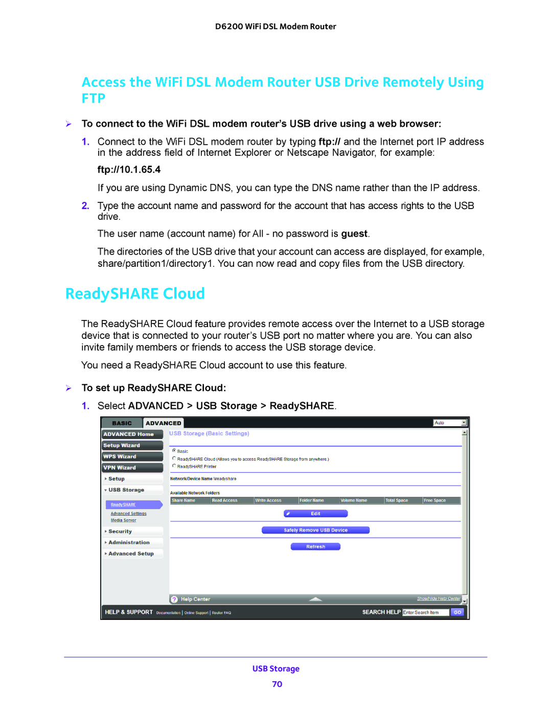 NETGEAR 202-11171-04 ReadySHARE Cloud, Access the WiFi DSL Modem Router USB Drive Remotely Using, Ftp//10.1.65.4 