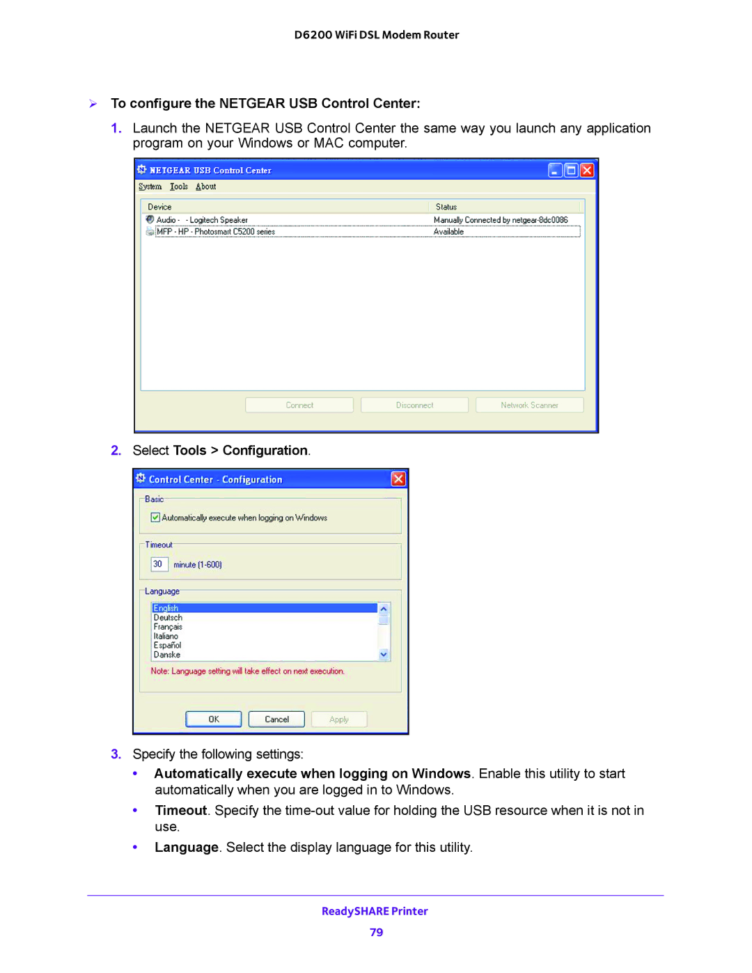 NETGEAR 202-11171-04 user manual  To configure the Netgear USB Control Center, Select Tools Configuration 