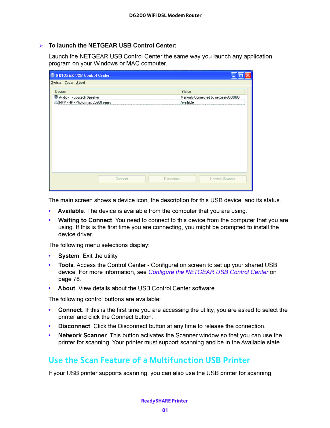 NETGEAR 202-11171-04 Use the Scan Feature of a Multifunction USB Printer,  To launch the Netgear USB Control Center 