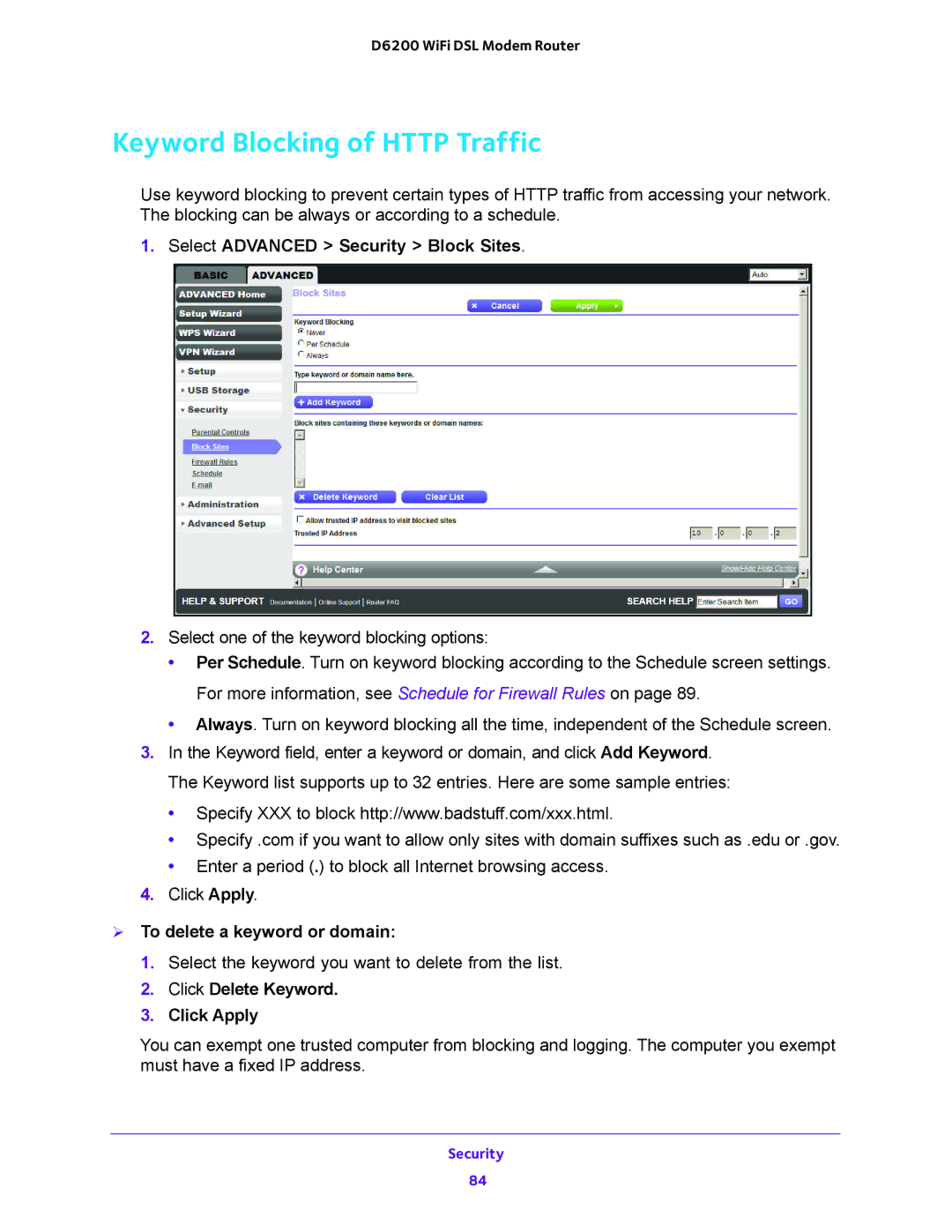 NETGEAR 202-11171-04 user manual Keyword Blocking of Http Traffic, Select Advanced Security Block Sites 