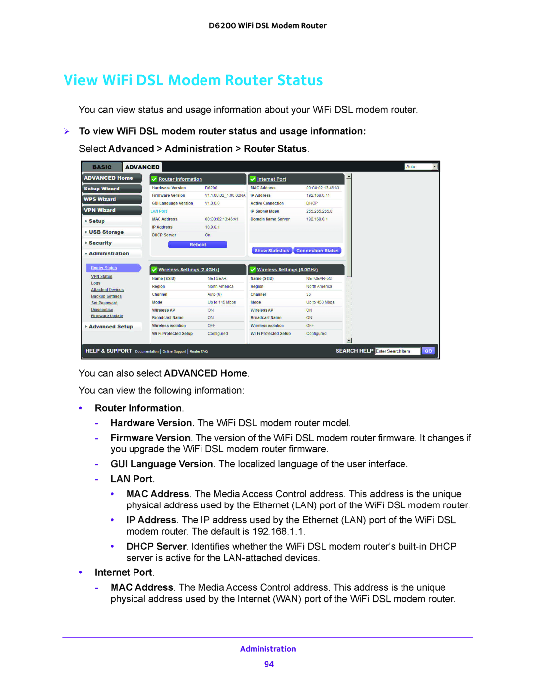 NETGEAR 202-11171-04 user manual View WiFi DSL Modem Router Status, Router Information, LAN Port, Internet Port 