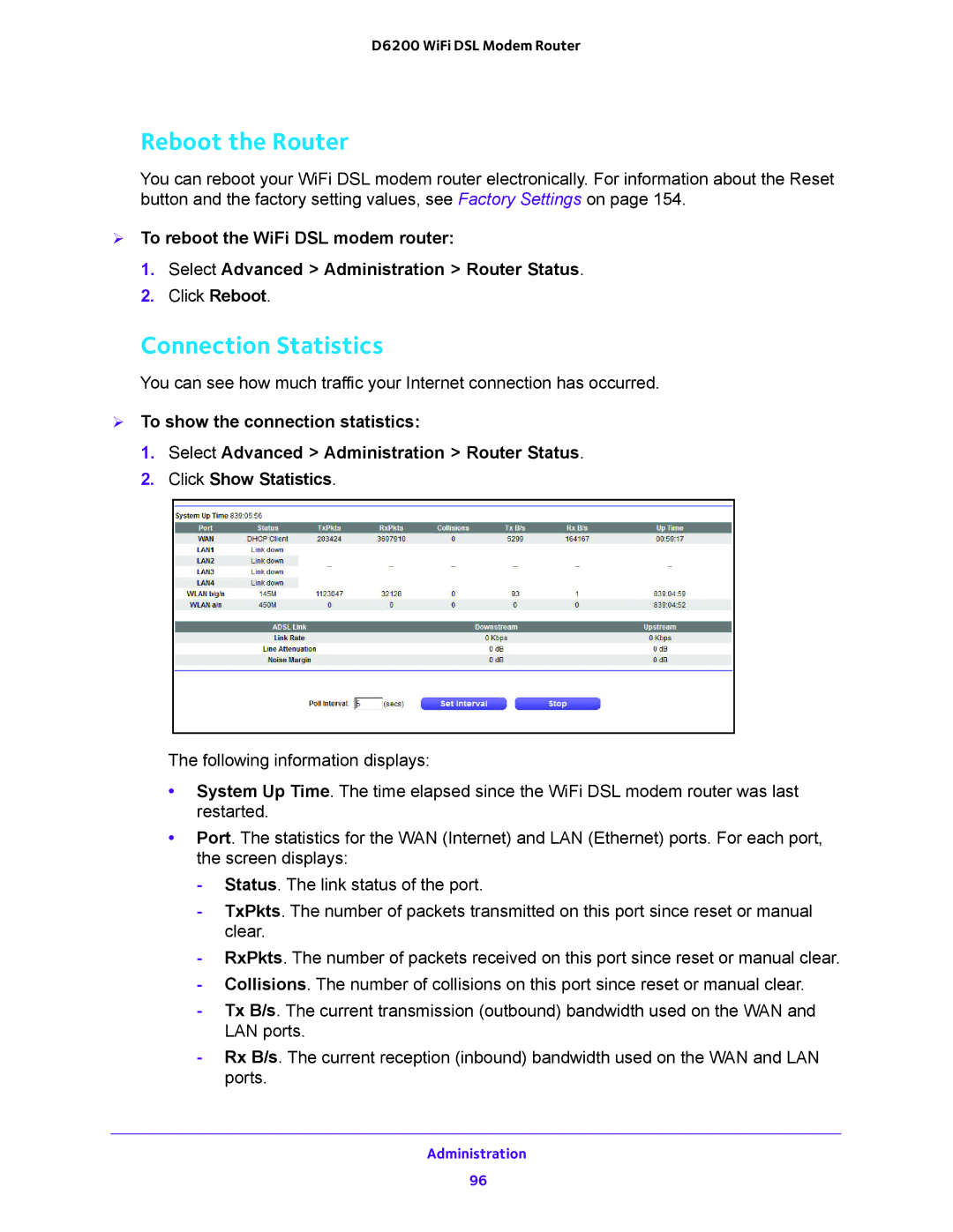 NETGEAR 202-11171-04 user manual Reboot the Router, Connection Statistics 