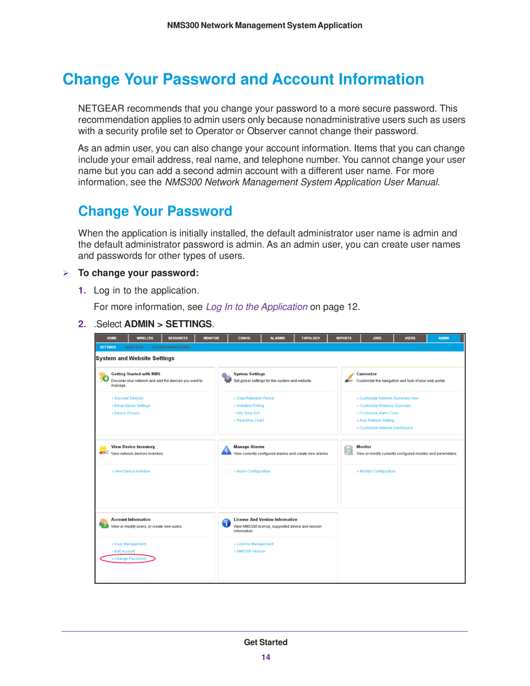 NETGEAR 202-11288-02 Change Your Password and Account Information,  To change your password, Select Admin Settings 