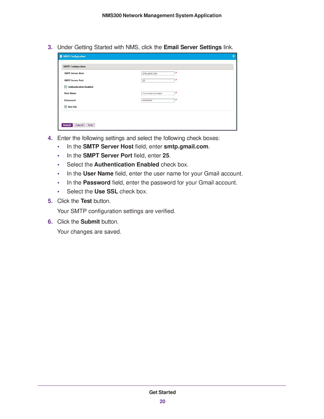 NETGEAR 202-11288-02 quick start Smtp Server Host field, enter smtp.gmail.com, Select the Authentication Enabled check box 