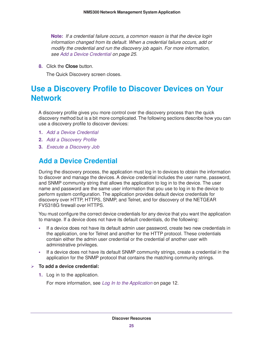 NETGEAR 202-11288-02 quick start Use a Discovery Profile to Discover Devices on Your Network, Add a Device Credential 