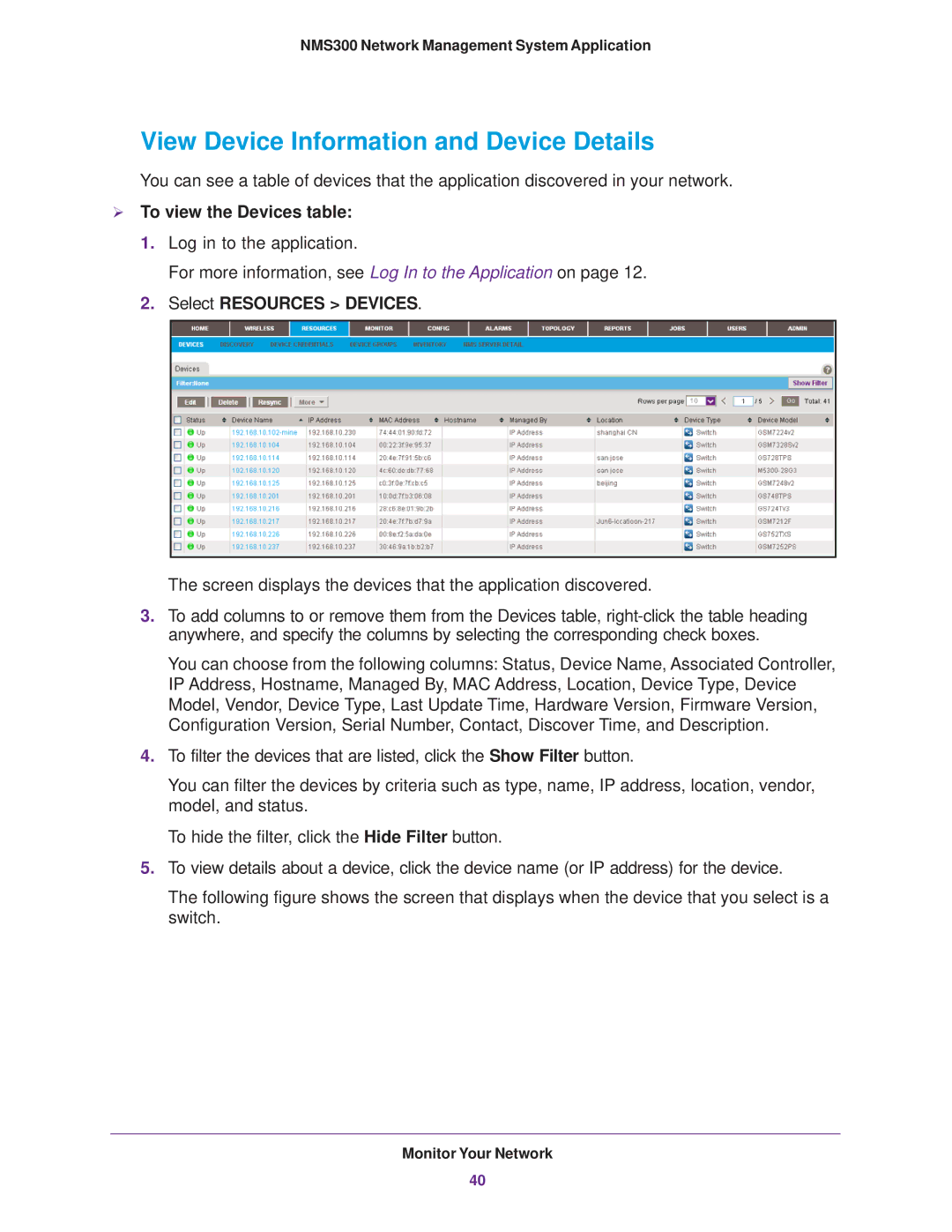 NETGEAR 202-11288-02 View Device Information and Device Details,  To view the Devices table, Select Resources Devices 