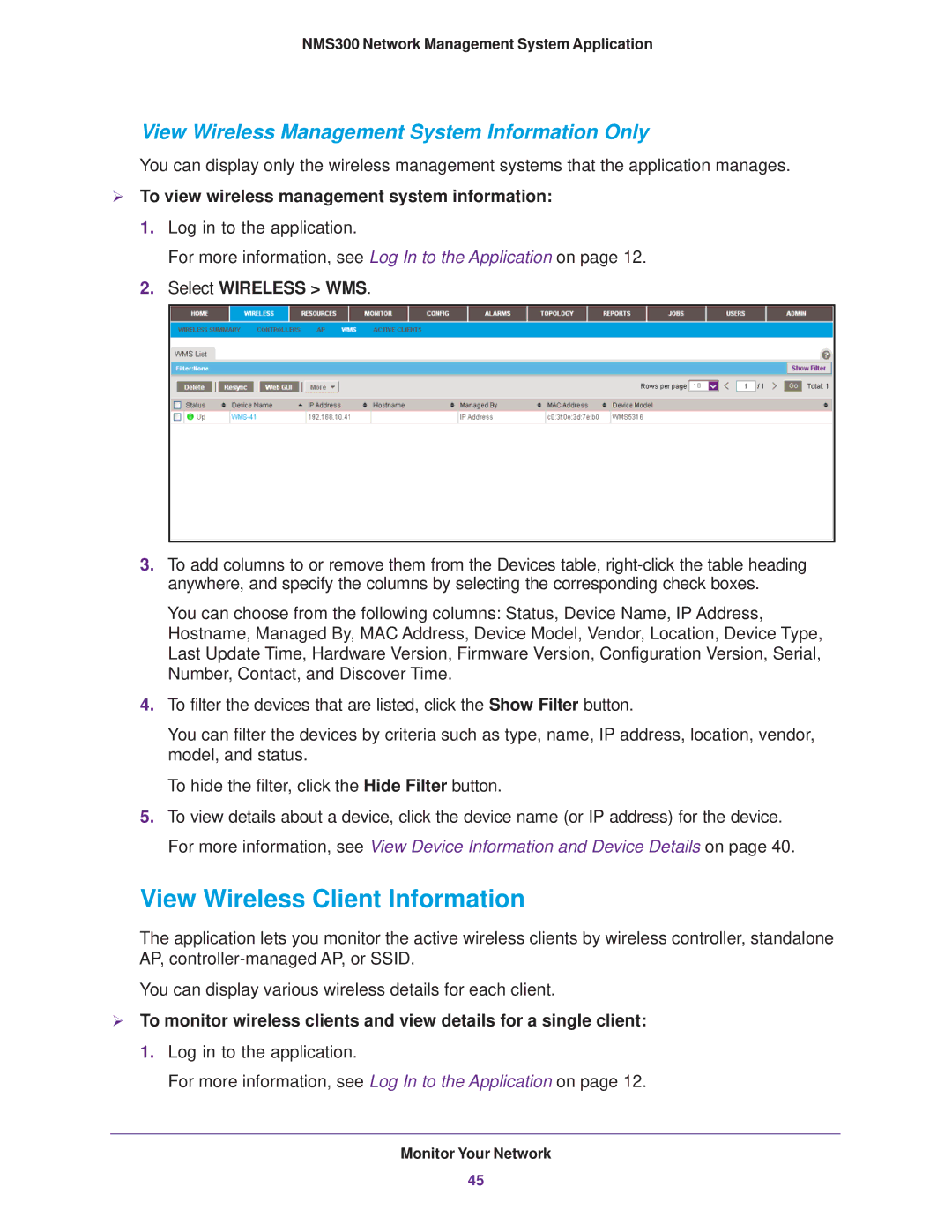 NETGEAR 202-11288-02 quick start View Wireless Client Information,  To view wireless management system information 