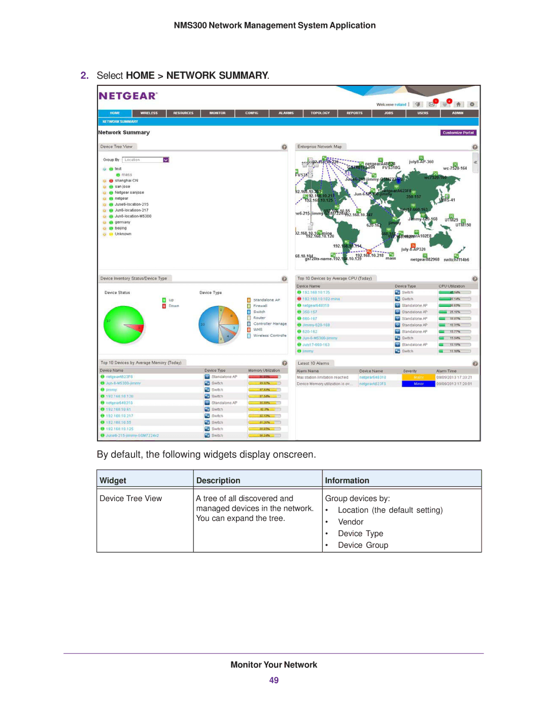 NETGEAR 202-11288-02 quick start Select Home Network Summary, By default, the following widgets display onscreen 