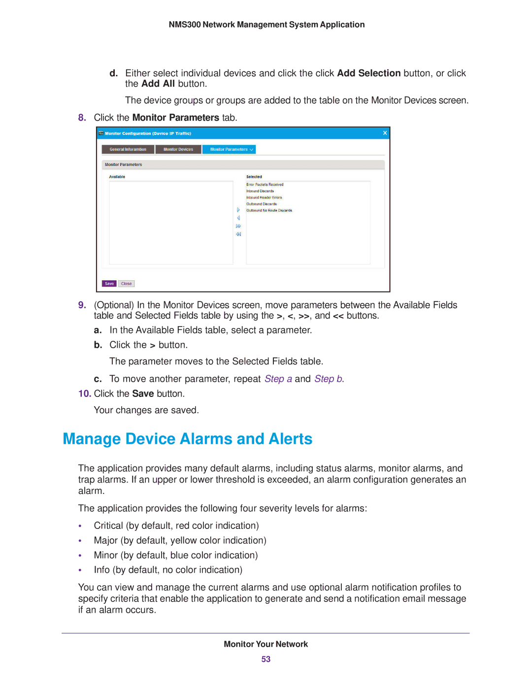 NETGEAR 202-11288-02 quick start Manage Device Alarms and Alerts, Click the Monitor Parameters tab 