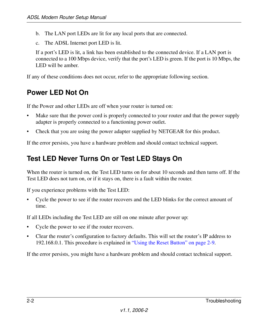 NETGEAR 208-10026-01 manual Power LED Not On, Test LED Never Turns On or Test LED Stays On 