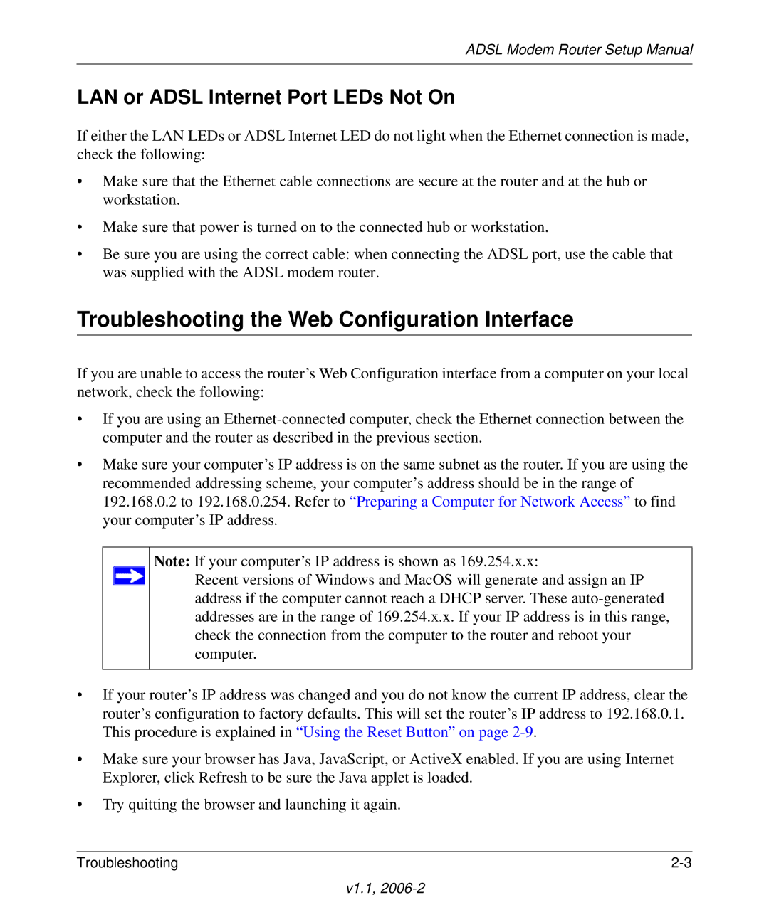 NETGEAR 208-10026-01 manual Troubleshooting the Web Configuration Interface, LAN or Adsl Internet Port LEDs Not On 