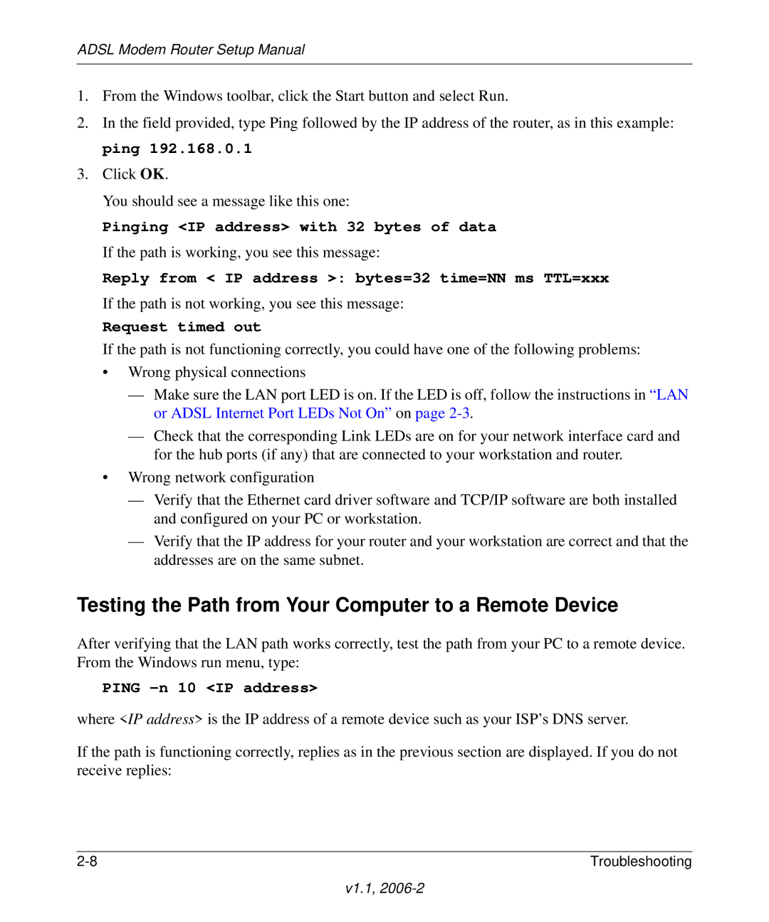 NETGEAR 208-10026-01 manual Testing the Path from Your Computer to a Remote Device, Request timed out 