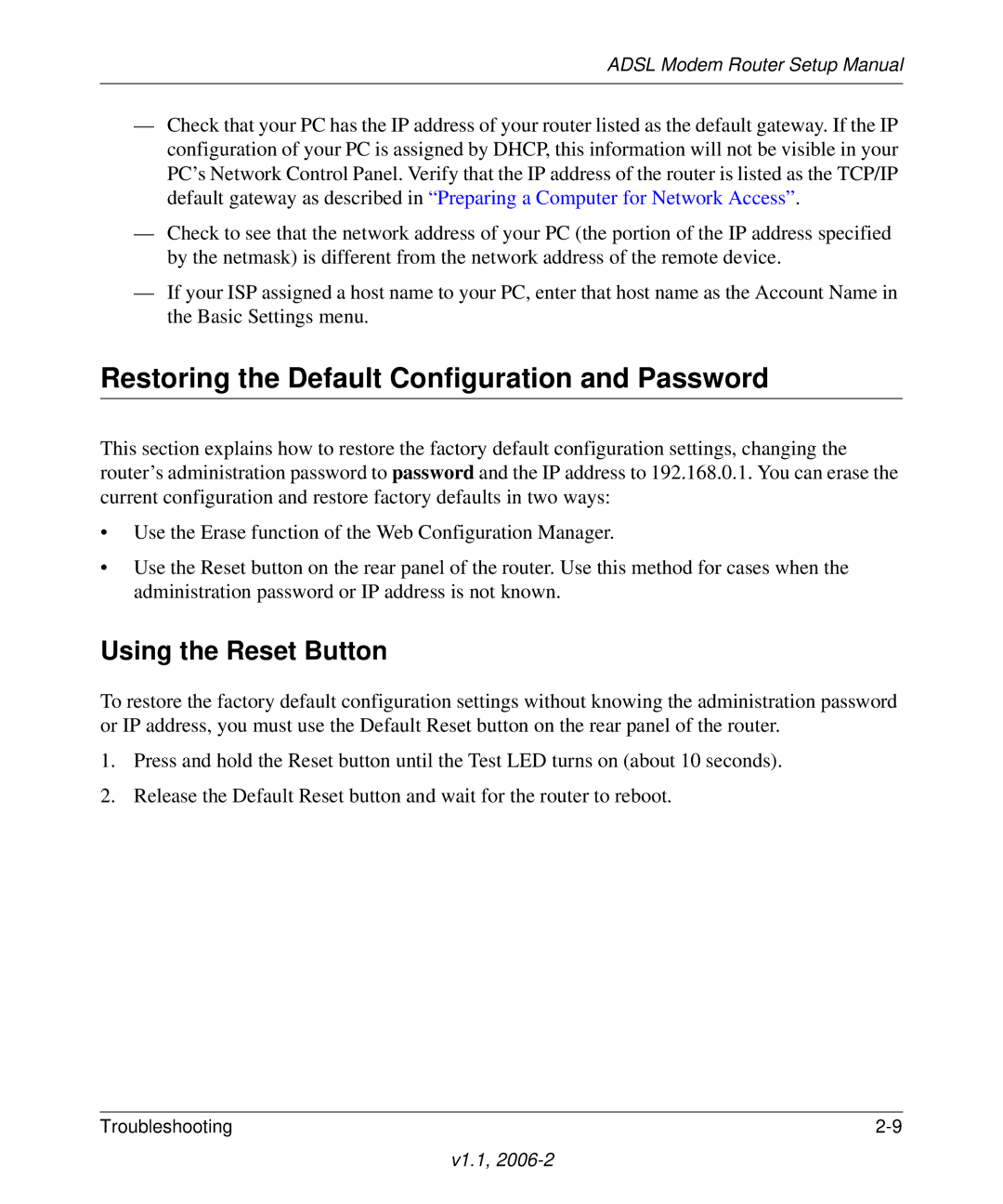 NETGEAR 208-10026-01 manual Restoring the Default Configuration and Password, Using the Reset Button 