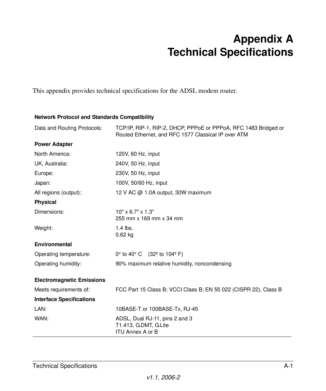 NETGEAR 208-10026-01 manual Appendix a Technical Specifications, Network Protocol and Standards Compatibility 