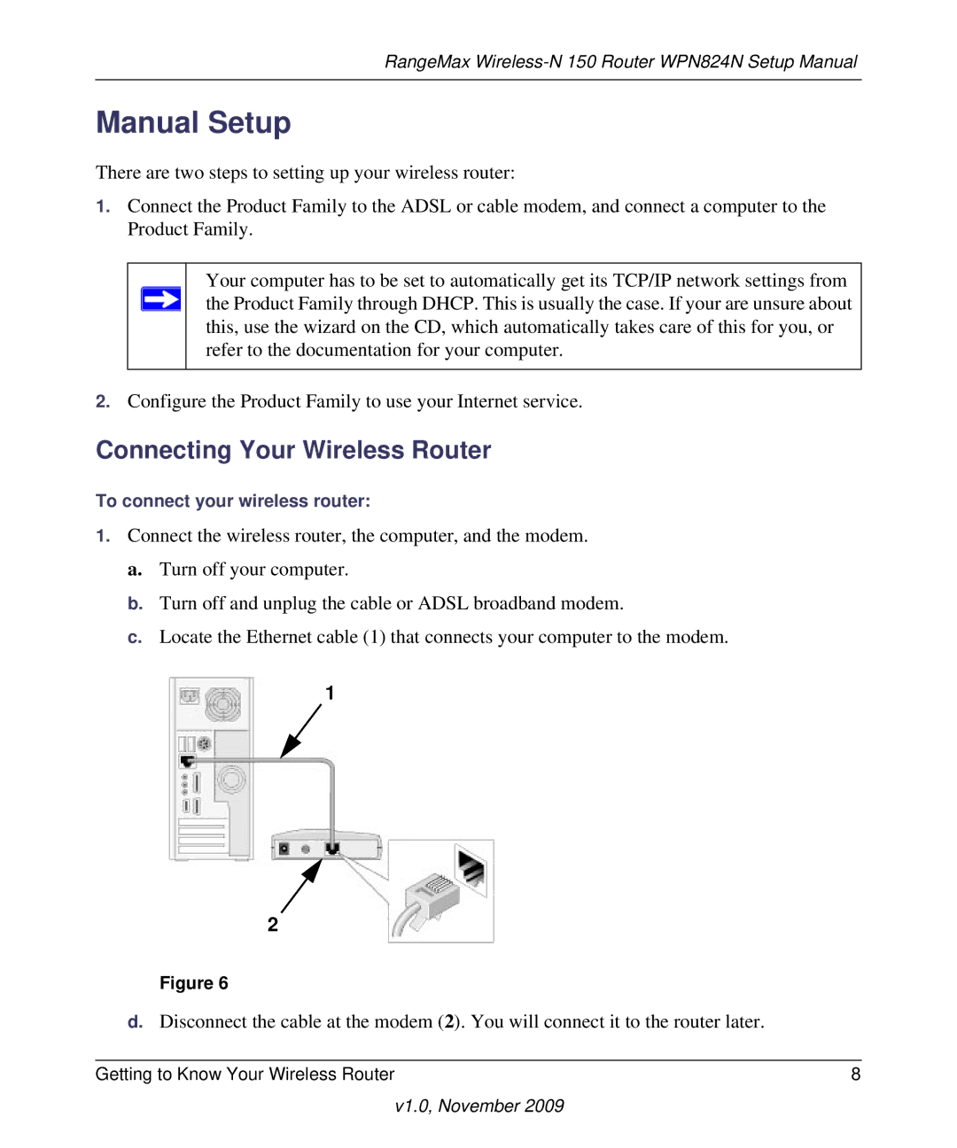 NETGEAR 208-10541-01 manual Manual Setup, Connecting Your Wireless Router 