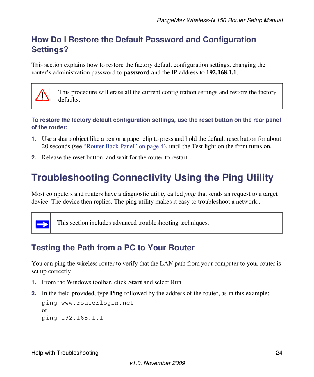 NETGEAR 208-10541-01 manual Troubleshooting Connectivity Using the Ping Utility, Testing the Path from a PC to Your Router 