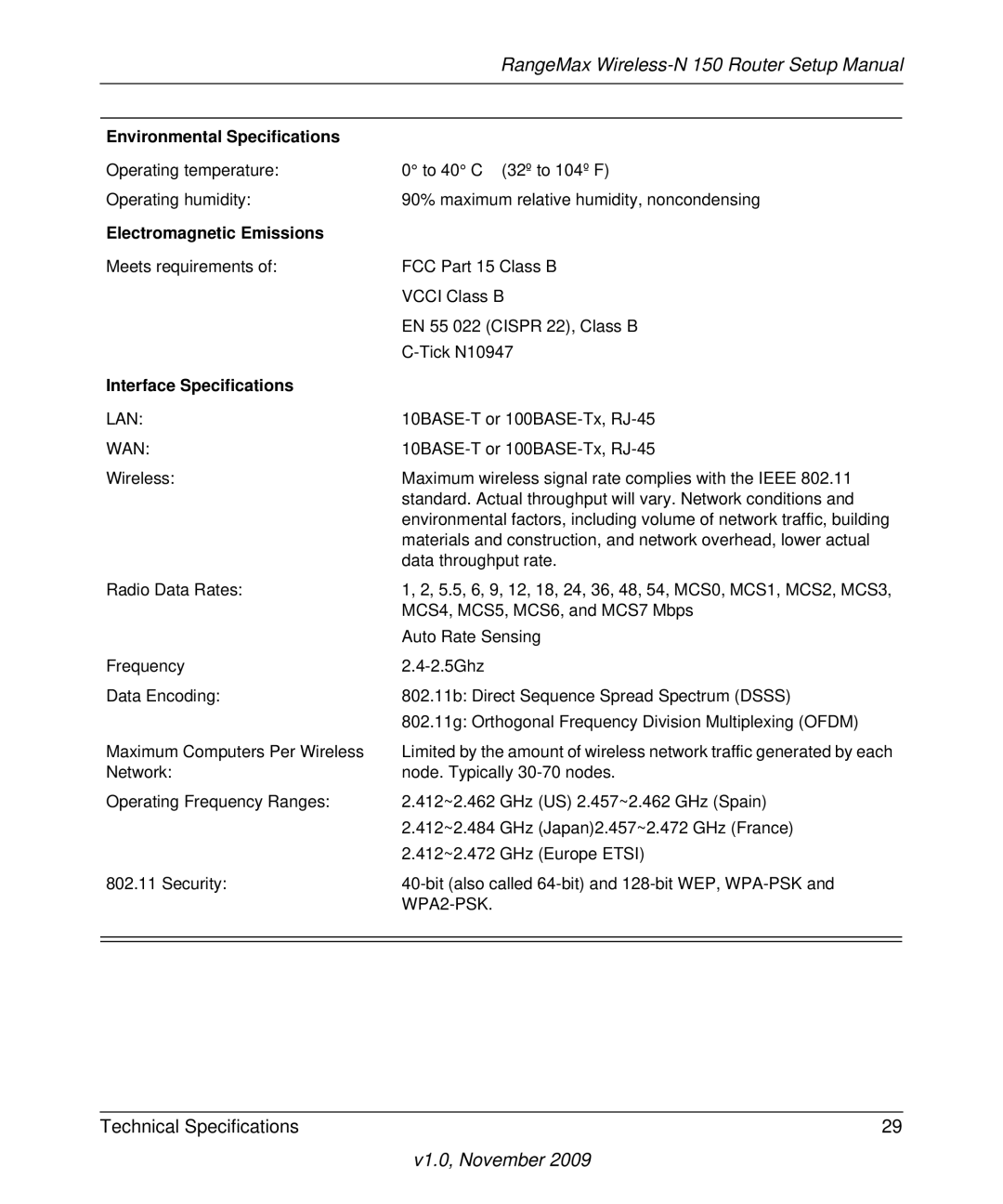 NETGEAR 208-10541-01 manual Environmental Specifications, Electromagnetic Emissions, Interface Specifications 