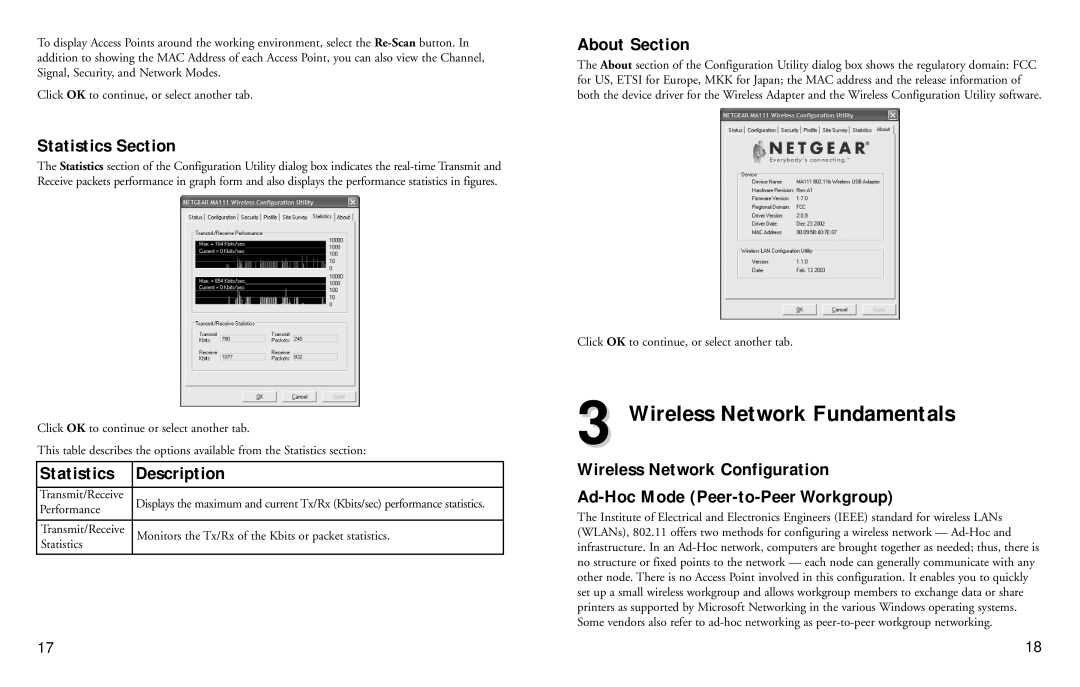 NETGEAR 2.4 GHz MA111 manual Wireless Network Fundamentals, Statistics Section, Statistics Description, About Section 