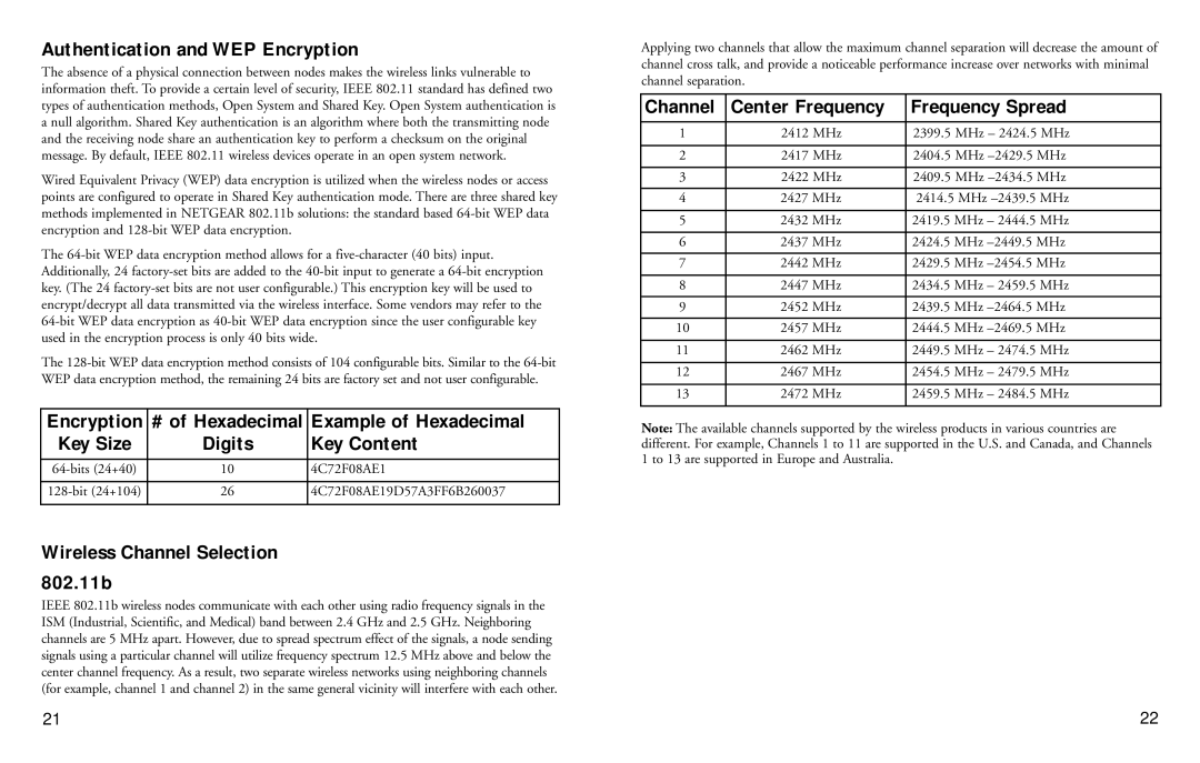 NETGEAR 2.4 GHz MA111 manual Authentication and WEP Encryption, Example of Hexadecimal, Key Content, Frequency Spread 