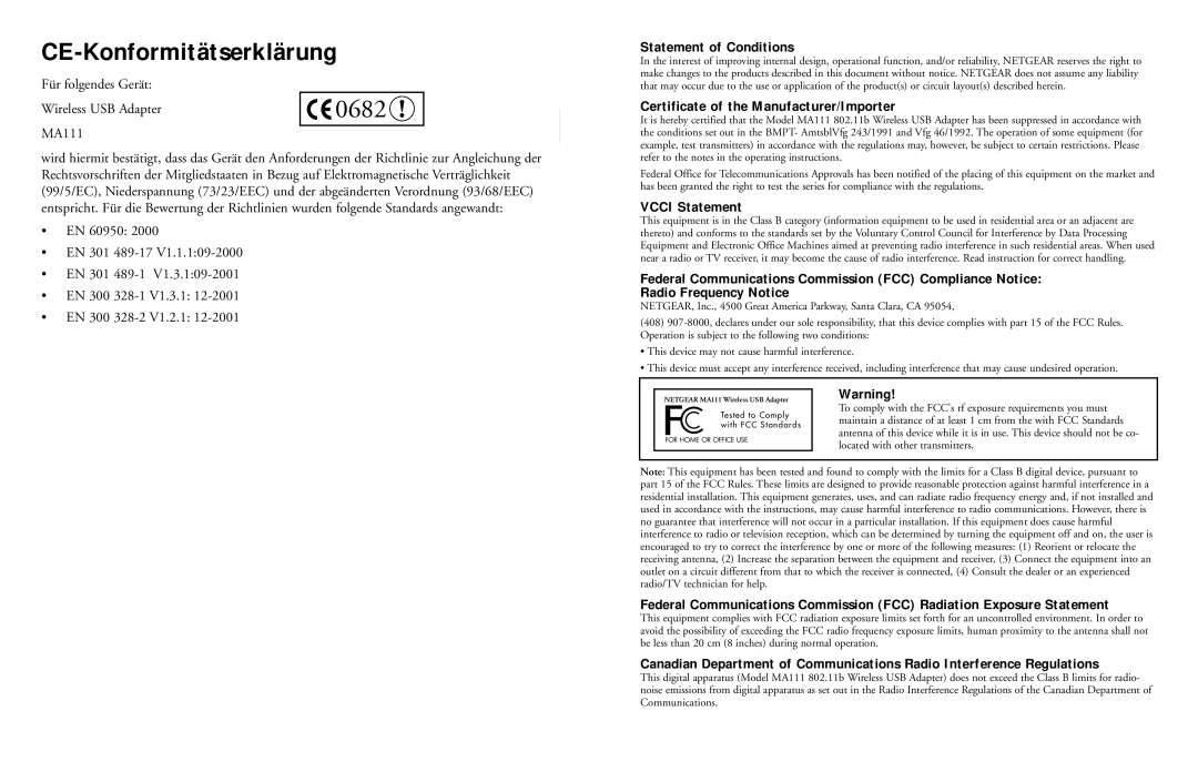 NETGEAR 2.4 GHz MA111 manual CE-Konformitätserklärung, Statement of Conditions 