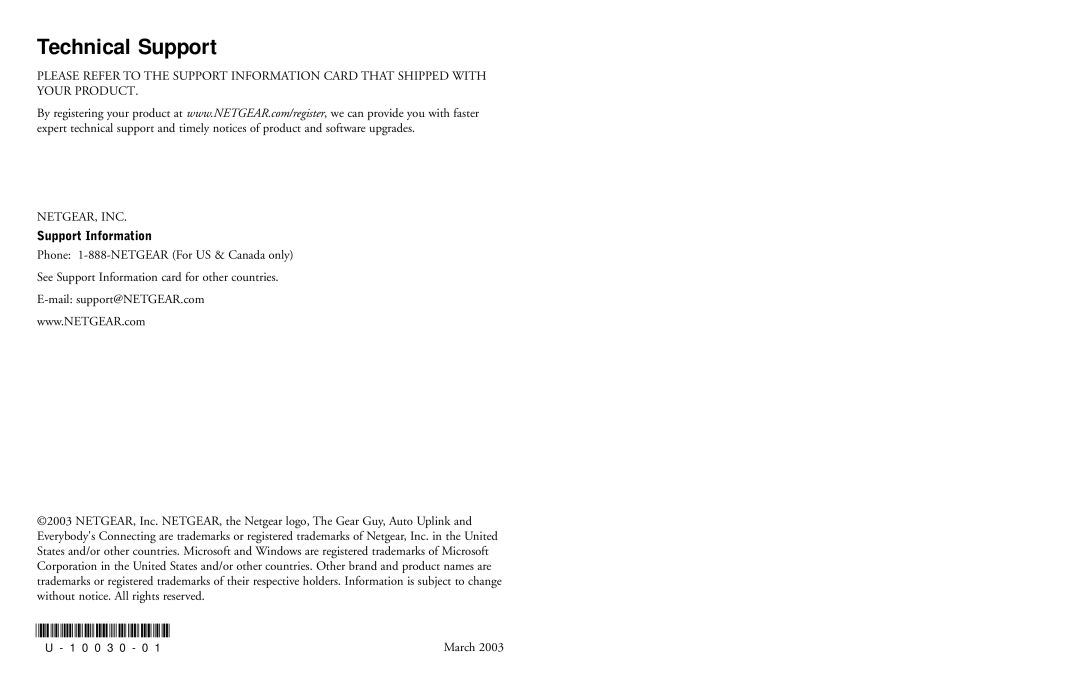 NETGEAR 2.4 GHz MA111 manual Technical Support, Support Information 