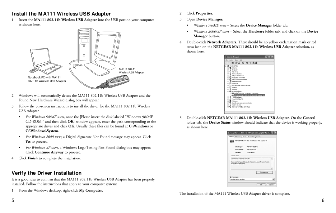 NETGEAR 2.4 GHz MA111 manual Install the MA111 Wireless USB Adapter, Verify the Driver Installation 