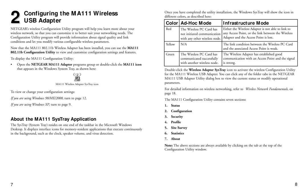 NETGEAR 2.4 GHz MA111 manual Configuring the MA111 Wireless USB Adapter, About the MA111 SysTray Application 