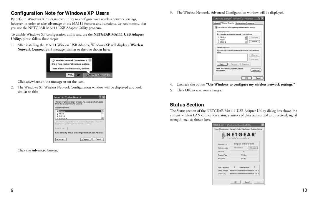 NETGEAR 2.4 GHz MA111 manual Configuration Note for Windows XP Users, Status Section 