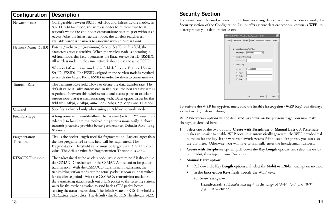 NETGEAR 2.4 GHz MA111 manual Security Section, Manual Entry option 