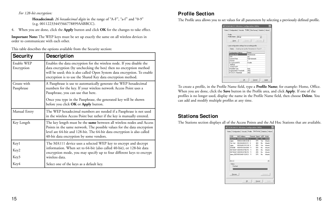 NETGEAR 2.4 GHz MA111 manual Security Description, Profile Section, Stations Section 