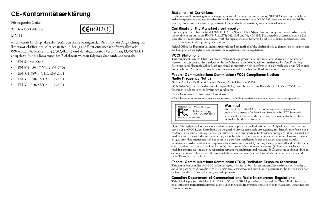 NETGEAR 2.4 GHz MA111 CE-Konformitätserklärung, Statement of Conditions, Certificate of the Manufacturer/Importer, 0682 