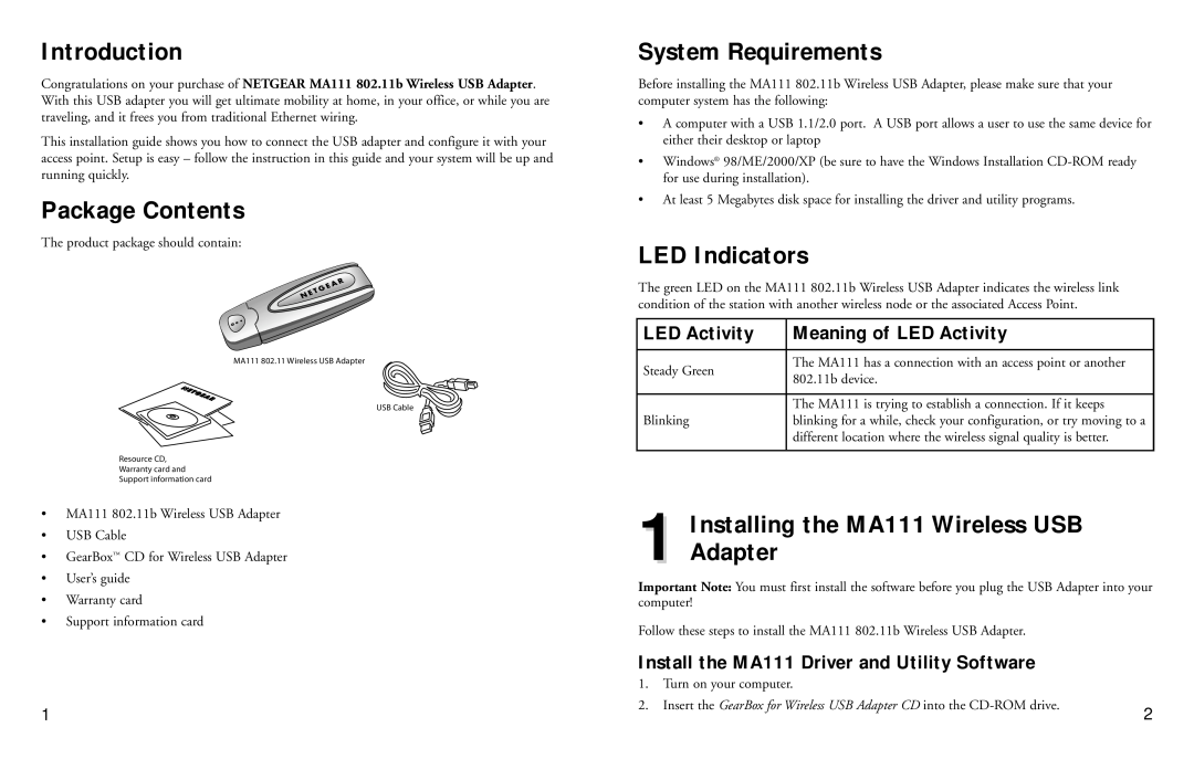 NETGEAR 2.4 GHz MA111 manual Introduction, Package Contents, System Requirements, LED Indicators, LED Activity 