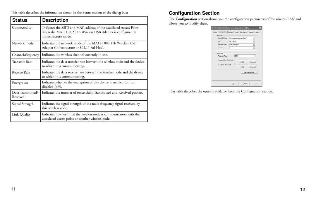 NETGEAR 2.4 GHz MA111 manual Status, Description, Configuration Section, Channel/frequency 