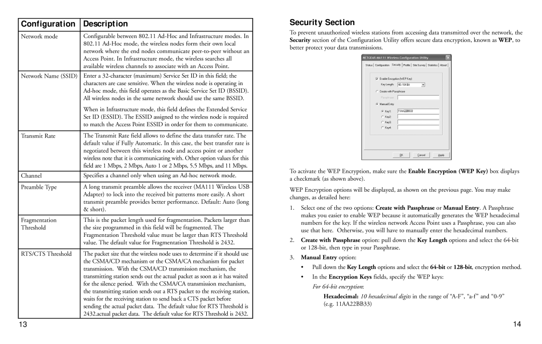 NETGEAR 2.4 GHz MA111 manual Security Section, Configuration, Manual Entry option, For 64-bit encryption, Description 